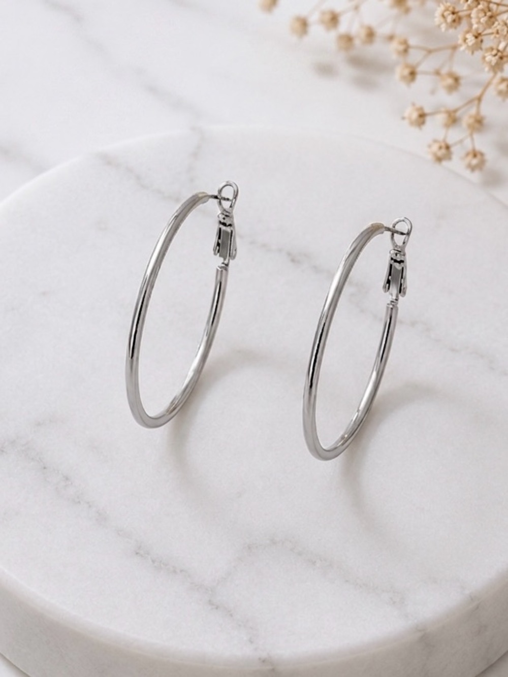 Classic Silver Tone Hoop Earrings (3.5 cm) Platinum Plated | Minimalist Jewelry - Picture 3 of 9